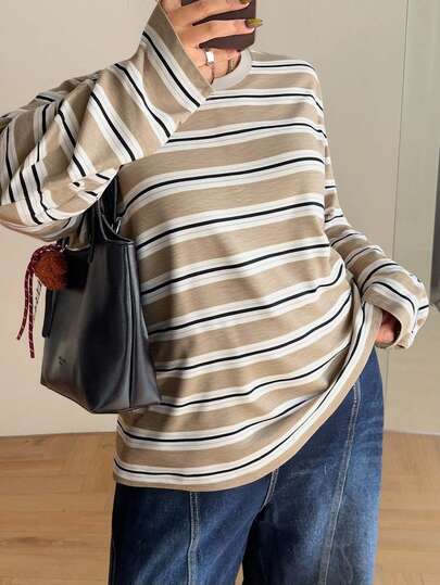 Dazy Plus Plus Size Casual Striped Long Sleeve T-Shirt, Street Style Fashion For Plus Size Women