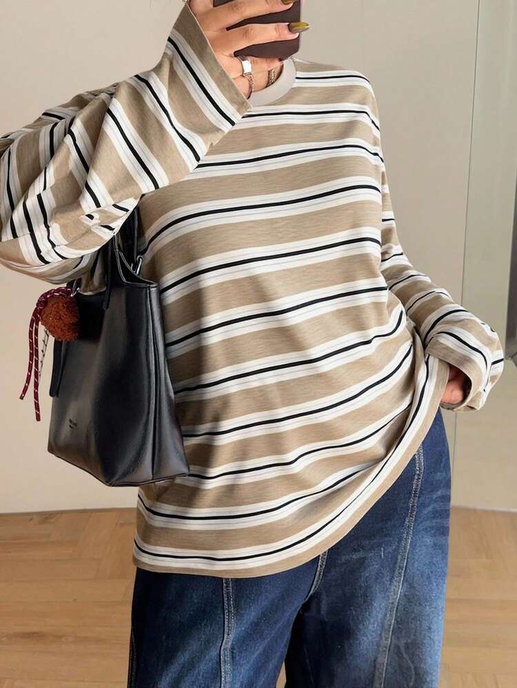 Dazy Plus Plus Size Casual Striped Long Sleeve T-Shirt, Street Style Fashion For Plus Size Women