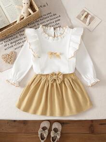 SHEIN 2pcs Baby Girls Spring/Summer British Style Comfortable Ribbed Long Sleeve Top + Fashionable Corduroy Skirt Outfit Set - Multicolor - View 9