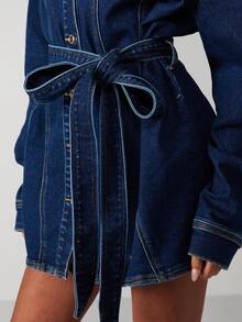 MISSGUIDED Shoulder Pad Denim Mini Dress With Belt Long Sleeve Button Down Collared Jacket Style Dress - Medium Wash - View 6