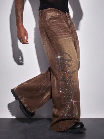 Street Life Herren Gerade Jeans mit Taschen, Buchstaben und Strass Verzierung