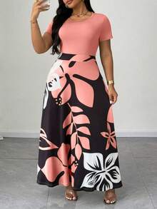 SHEIN CURVE+ 大码女式碎花圆领修身短袖优雅长连衣裙，适合外出、办公、通勤、日常休闲穿着、约会、春夏穿着。 - 粉色 - 查看 4