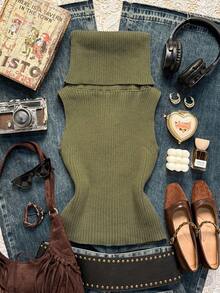 Easelle Áo len cổ lọ màu xanh ô liu không tay thời trang dành cho nữ, màu trơn, có gân, cắt cúp - xanh quân đội - Xem 8