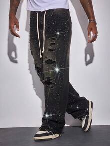 ROMWE MEN Street Life Men's Drawstring Waist Pocket Distressed Rhinestone Embellished Wide Leg Loose Jeans - Black - View 7