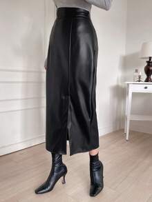 Dazy Tall 高个女式不对称腰部开衩PU皮裙，优雅A字裙 - 黑色 - 查看 2
