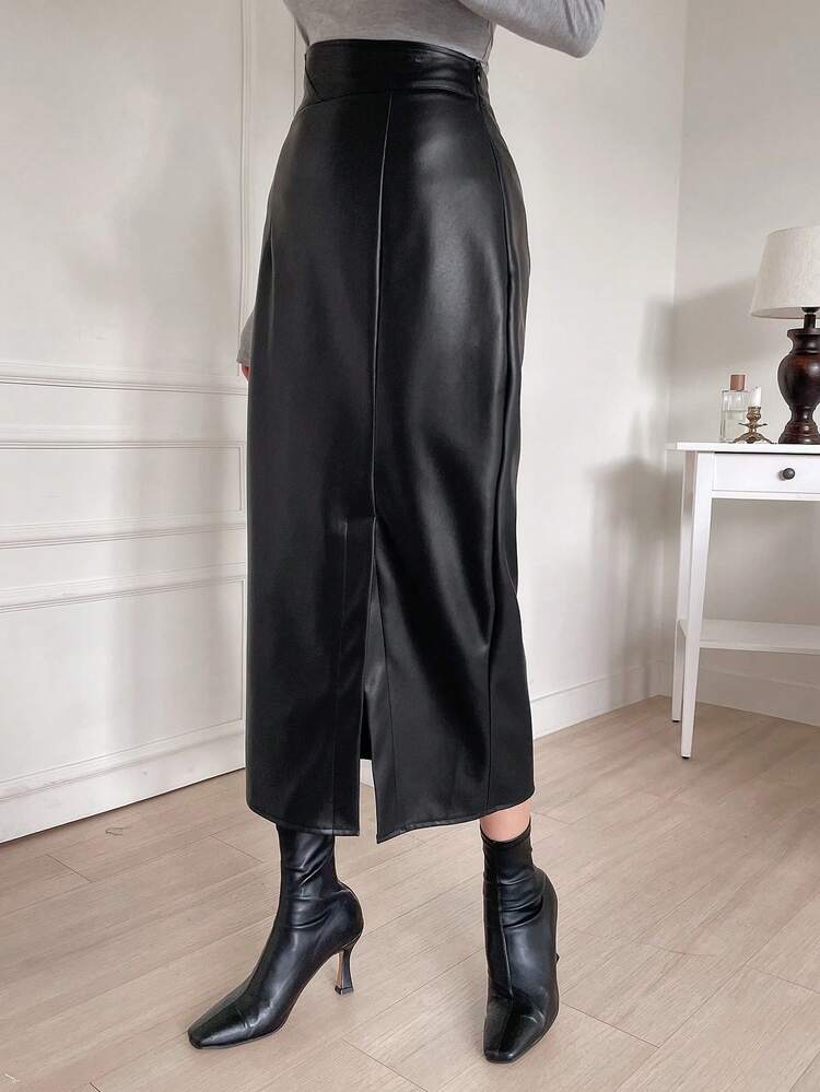 Tall Women's Asymmetrical Waist Slit PU Leather Skirt, Elegant A-Line Skirt