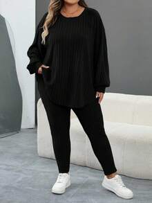 SHEIN CURVE+ Bộ 2 món đồ cỡ lớn cho nữ, áo thun dài tay trễ vai có gân và quần dài/Mùa thu/Mùa đông - màu đen - Xem 5