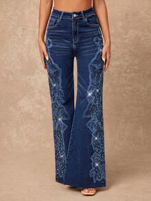 Lumalex VITNOS Navy Blue Autumn 90s Wide Leg Cotton Denim Jeans,Laser Engraved Floral Pattern Rhinestone Embellished,Elegant Night Out Party Old Money Style - Blue - View 9