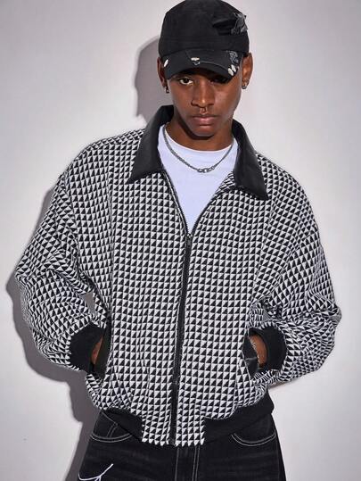 Street Life Men's Geometric Print Drop Shoulder Zip Front Casual Jacket