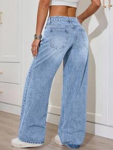 SHEIN PETITE Calça jeans feminina casual para o dia a dia, simples e versátil, de cor sólida, cintura baixa e pernas largas. - Lavagem leve - Ver 2