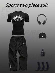 Manfinity Sport Corelite Boyfriend Style Men's Casual Fashion Gothic Pattern Print Raglan Sleeve Top And Long Pants Sports Suit, Suitable For Summer., Black Gym Set, Gym Clothes Set, Workout Clothes, Exercise Clothes Set, Goth Workout Clothes Workout Set Gym Top Fall Breathable