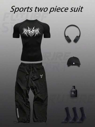 Manfinity Sport Corelite Pojkvänsstil Herr Casual Mode Gotiskt Mönster Tryck Raglanärmad Topp Och Långbyxor Sportdräkt, Lämplig För Sommar., Svart Gym Set, Gymklädset, Träningskläder, Träningsklädset, Goth Träningskläder Träningsset Gymtopp Höst Andningsbart