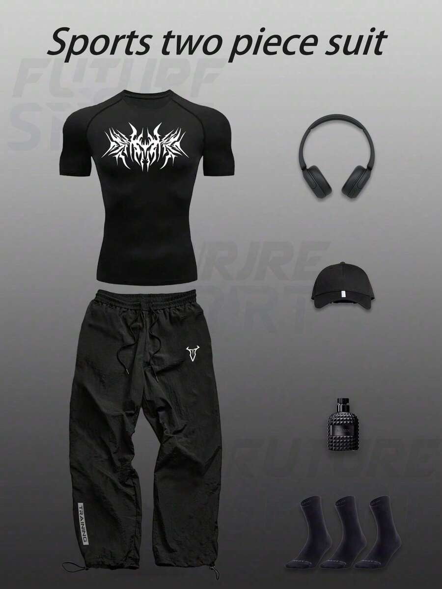 Manfinity Sport Corelite Boyfriend Style Men's Casual Fashion Gothic Pattern Print Raglan Sleeve Top And Long Pants Sports Suit, Suitable For Summer., Black Gym Set, Gym Clothes Set, Workout Clothes, Exercise Clothes Set, Goth Workout Clothes Workout Set Gym Top Fall Breathable