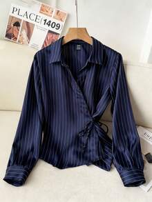 Modelyn 女式长袖领口系带收腰条纹休闲衬衫