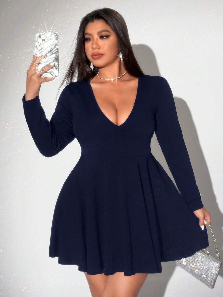 Viva Relle Plus Size Women's Sexy Deep V-Neck Hollow Out Loose A-Line Long Sleeve Solid Color Fashionable Versatile Mini Dress - Navy Blue - View 1