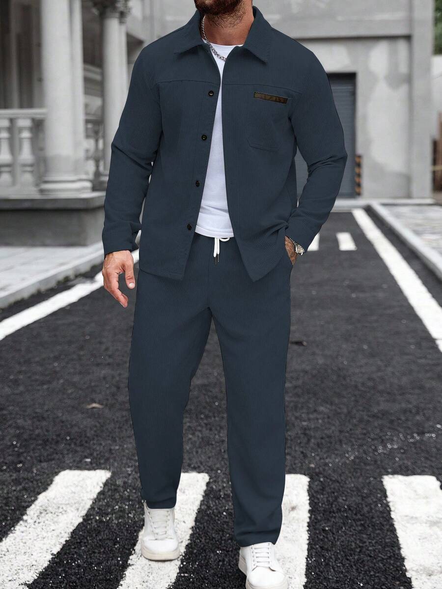 Manfinity Homme 男士灯芯绒套装，藏蓝色，常规长度，长袖翻领外套和裤子两件套，男士蓝色套装 - 藏蓝色 - 查看 1