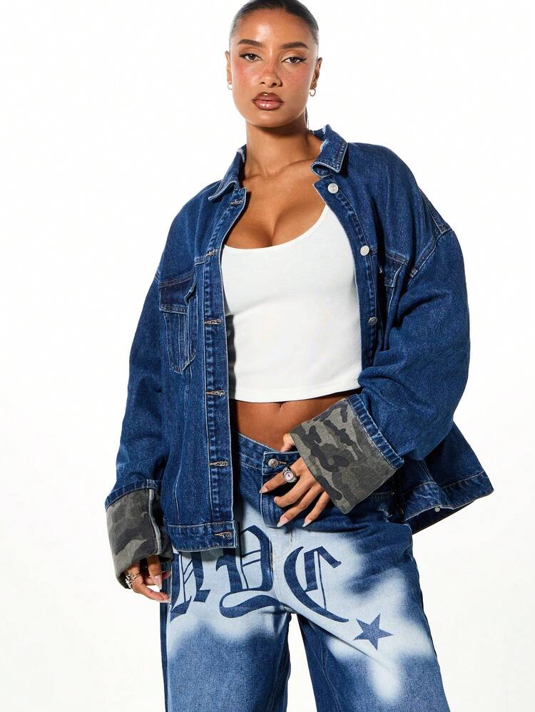 SUMWON WOMEN Oversized Denim Jacket With Gothic Spray Paint Design