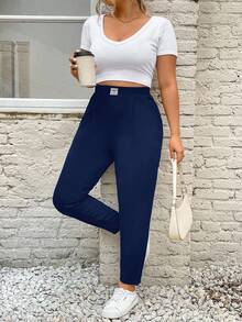 SHEIN PETITE CURVE Plus Size Women's Letter Embroidered Pockets Casual Tapered Pants/Winter - Navy Blue - View 6