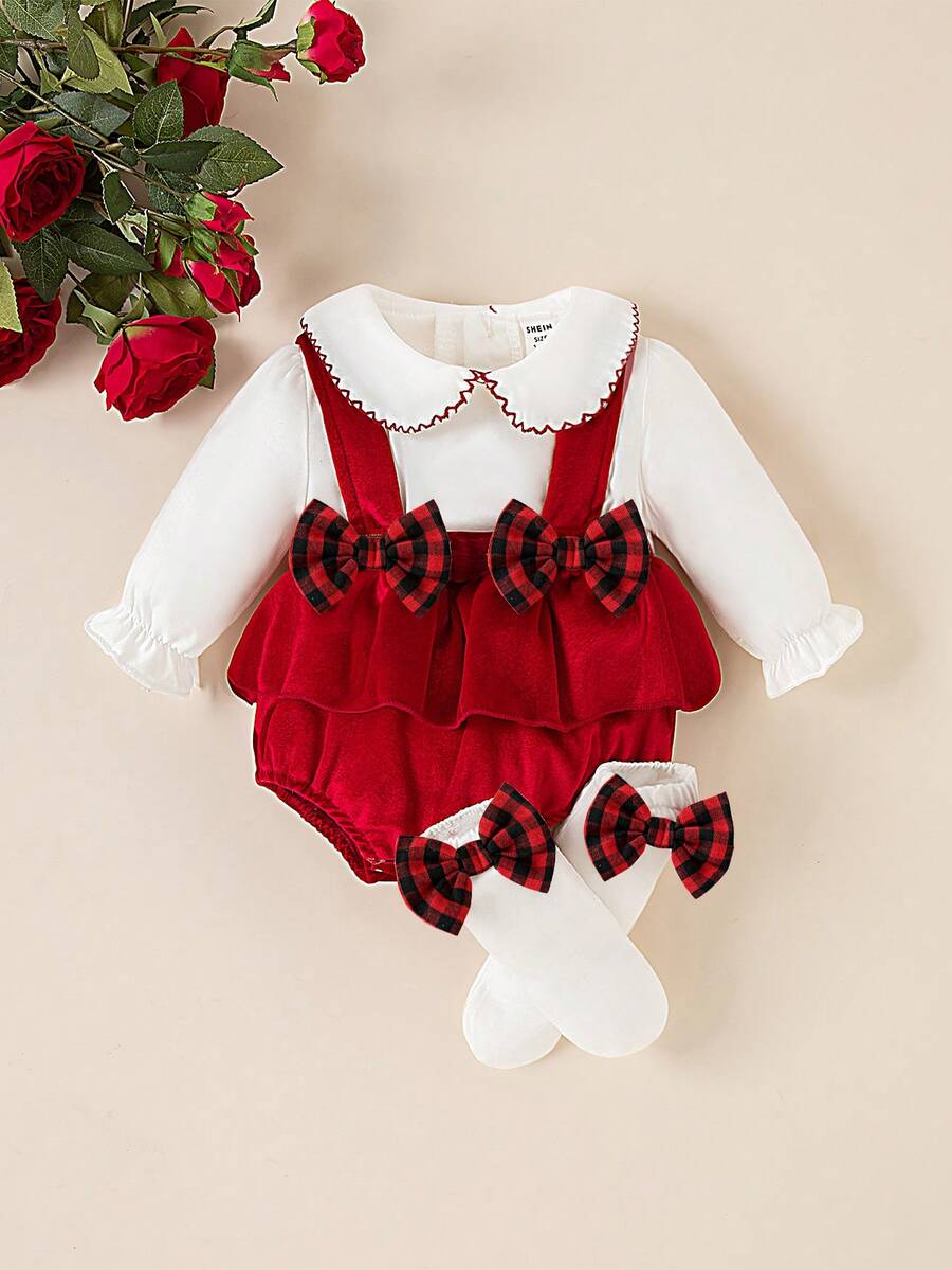 Souflis Souflis Set 3 buc. pentru nou-născuți, top cu mânecă lungă și guler Peter Pan, body cu barete și funde, jambiere, drăguț și la modă, confortabil, toamnă/iarnă 2025, nou-născut - roșu - Vizualizare 1