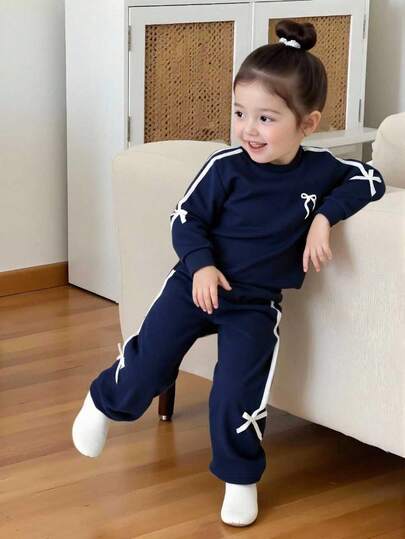 Elladie kids 紫色蝴蝶结卫衣裤套装，适合4-7岁小女孩，休闲运动套装，秋季款。