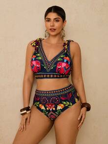 Travachic Plus Size Tropical Print Halter Bikini Set, Bohemian Style Beach Vacation Swimwear - Multicolor - View 3