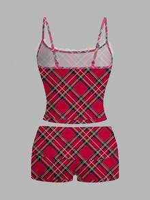 SHEIN EZwear 两件套女士休闲简约红黑格子印花蕾丝边吊带背心和褶皱短裤套装，适合秋冬季穿着 - 彩色 - 查看 2