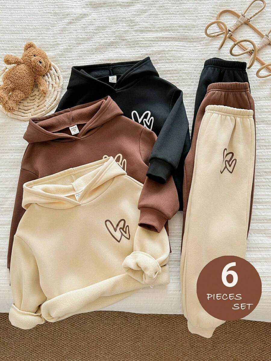 LMoss Kids LMoss 6pcs Young Girl Solid Color Heart Pattern Hooded Sweatshirt And Leggings Set,Sisters Outfit,Styles Comfortable Autumn & Winter,Cozy Fall & Winter Styles,Winter Clothes,Hoodie,Long Sleeve Top,Winter Set - Multicolor - View 1