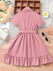 Elladie kids 少女优雅荷叶边领短袖系带连衣裙，夏季 - 粉色 - 查看 2