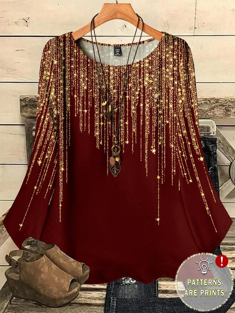 EMERY ROSE Chemise ample à col rond, imprimée sur tout le corps, manches 3/4, pour femmes grandes tailles, automne/hiver - Rouge foncé - Voir 1