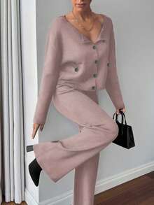 EURMUSE Conjunto casual de 2 piezas de mujer con cárdigan de punto de manga larga de un solo botonadura y pantalones de punto, otoño/invierno - Rosa vieja - Ver 4