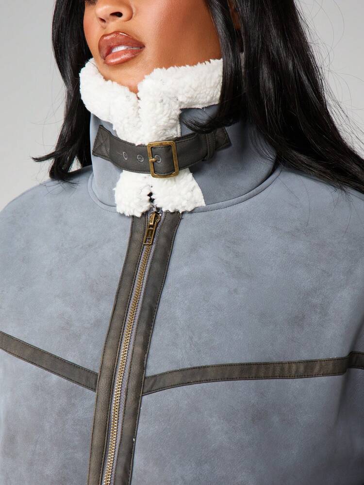 MISSGUIDED Faux Shearling Aviator Jacket With Contrast Trim Winter Outerwear