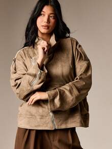 AiiRZ 超大款仿麂皮机车夹克，翻领设计，拉链闭合，适合秋冬季叠穿 - 軍綠色 - 查看 5