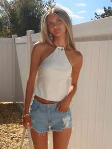 Sydney Algeri 女士口袋做旧毛边休闲修身牛仔短裤 - 淺藍色 - 查看 4