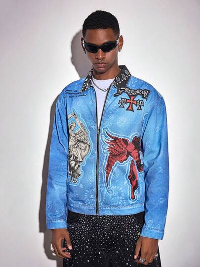 Men's Angel Letter Print Zip-Up Casual Jacket