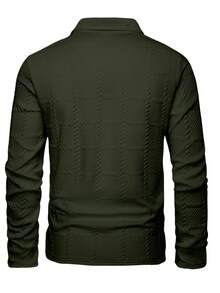 Manfinity Homme 男士提花面料纽扣门襟长袖 Polo 衫，春秋季，白色纽扣男士 Polo 衫，橄榄绿男士衬衫，男士 Polo 衫，男士休闲长袖衬衫，深绿色男士衬衫 - 軍綠色 - 查看 2