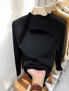 Resyla Plus Size Women's Solid Color Stand Collar Hollow Out Long Sleeve Fitted Sweater, Autumn/Winter - Black - View 1