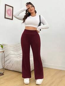 SHEIN PETITE CURVE Plus Size Solid Color Flare Leg Sweatpants - Burgundy - View 4