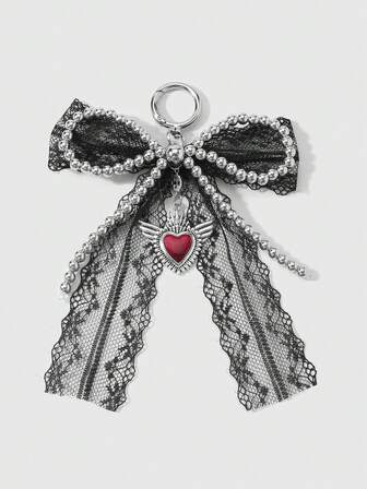 Kawaii 1 pezzo Portachiavi stile gotico carino Y2K, fatto a mano con perline, in argento CCB, con fiocco in pizzo nero, ciondolo a goccia con cuore e freccia, adatto per donne, uso quotidiano o regalo, Ognissanti