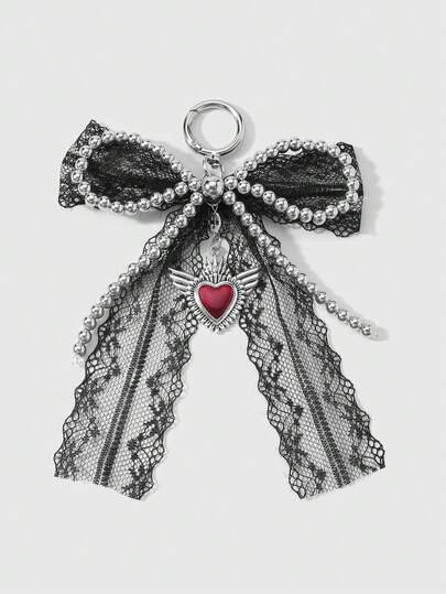 Kawaii 1pc Y2k Cute Goth Style Handmade Beaded Silver CCB Black Lace Bow Drip Oil Heart & Arrow Charm Keychain, Suitable For Women, Daily Wear Or Gift, Halloween