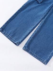 SHEIN Quần yếm jeans cho bé gái tuổi teen, phong cách Y2K, chất liệu denim thoải mái, màu xanh nhạt cổ điển, hàng mới về, phù hợp cho mọi mùa, ống quần thẳng, đa năng, đơn giản và dễ phối đồ, thoải mái khi mặc. - Rửa nhẹ - Xem 6