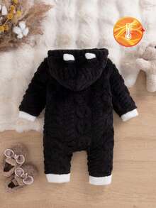 SHEIN 女婴可爱甜美街头风粉色长袖连帽连体衣，带耳朵装饰，白色人造毛皮拼接袖口和下摆，适合日常穿着和旅行，秋冬季款。 - 黑色 - 查看 2