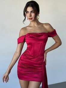 Firerie Women's Elegant Satin Off Shoulder Ruched Mini Dress,Burgundy Summer 70s Night Out Party,Vintage Pleated Draped Wedding Guest Dress,Y2K Outfit - Burgundy - View 5