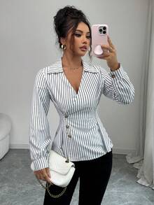 Franclia Women's Elegant Commuter Casual Striped Shirt