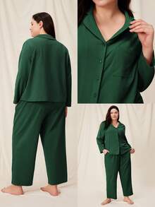 LUVLETTE Christmas & New Years Pajamas Plus Size Soft Brushed Cotton Basic PJ Set Women's Lounge Set Fall Pajamas - Green - View 2