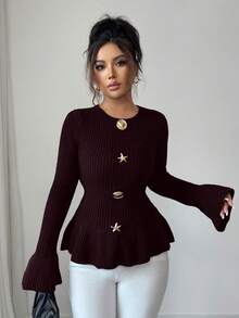 SHEIN Elenzya Women's Elegant Metal Buckle Cuff & Ruffle Hem Design Long Sleeve Sweater, Autumn/Winter - Red Violet - View 4