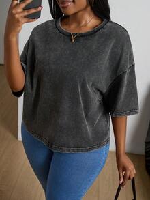 SHEIN PETITE CURVE Plus Size Short Sleeve Washed Cotton T-Shirt, Spring Crop Tops - Black - View 7