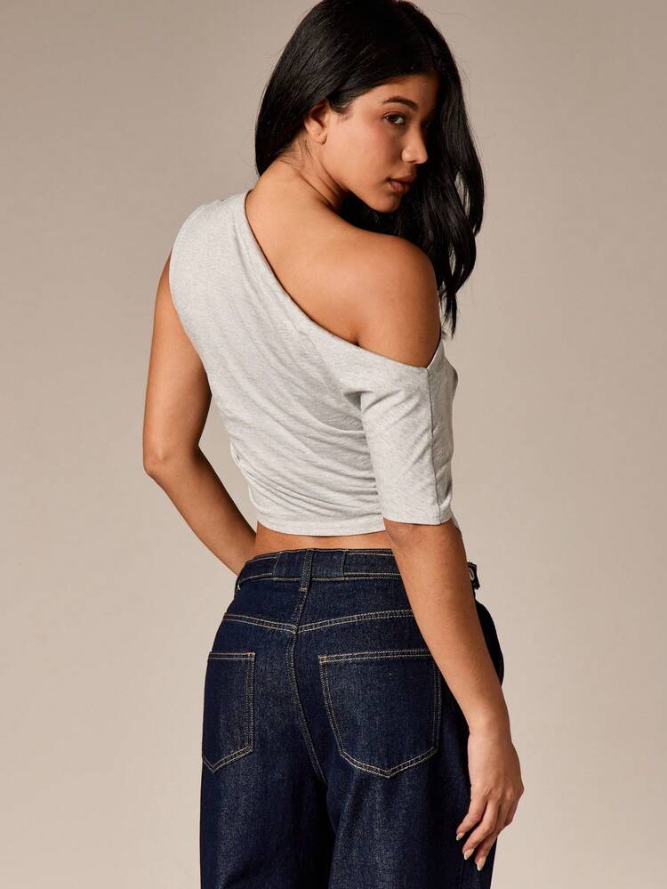 Asymmetric Hem Off Shoulder Top With Ruched Detail