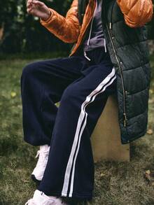 Medorelle Pantalon ample décontracté à jambes larges avec taille contrastée, cordon de serrage et rayures latérales, doublé thermique pour femmes en automne/hiver - Bleu marine - Voir 1