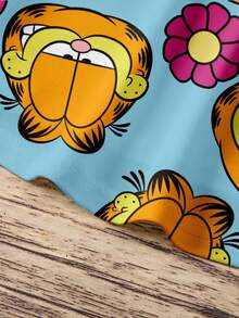 GARFIELD | SHEIN Váy ngắn cổ tròn in họa tiết mèo và hoa thường ngày cho bé gái, mùa hè - trắng - Xem 6
