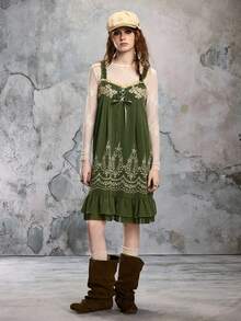 ROMWE Avant Vestido Midi Casual Feminino Sem Mangas com Decoração de Aplique e Design de Amarração - Verde - Visão 7